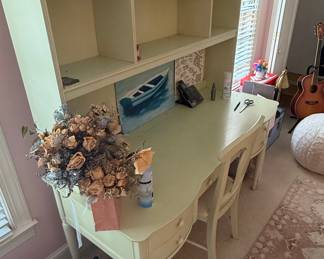 Vintage Light Green Vanity Desk with Hutch and Matching Chair