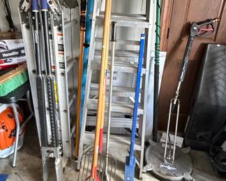 Assorted Garden Tools, Ladder, and Pressure Washer Attachment Lot