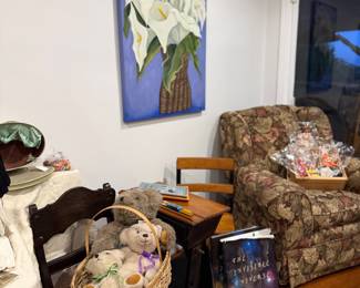 Original art, 1900's Childs desk, designer teddy bears, tapestry chair