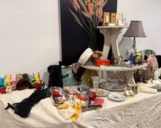 Vintage silk scarfs, perfumes, china, crystal lamp, etc