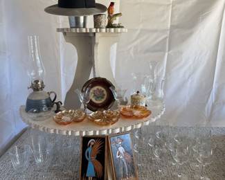 Vintage Carnival glass, Princess House glasses, wall decor, 40's Hat, etc