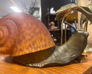 Rare 1997 Brass & Amber Glass Snail Lamp