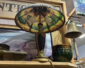 GORGEOUS Antique art-nouveau 6-panel reverse-painted slag-glass table lamp 