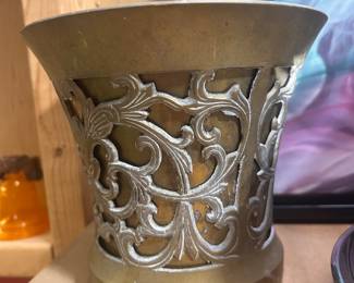 MCM / Hollywood Regency Ornate Brass Filigree Sleeve Vase / Cachepot