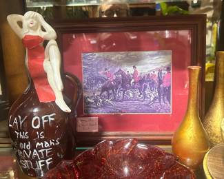 Vintage decanter; Framed Hunt scene; Ruby Red Indiana Glass loganberry bowl