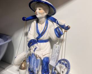 Vintage Chinese porcelain fisherman carrying baskets