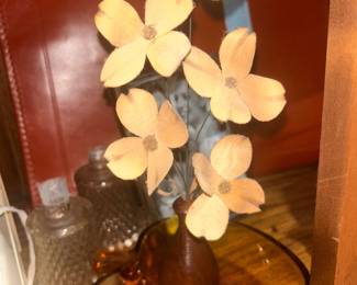  Wood shaving artificial Dogwood flowers arranged in a small wooden vase