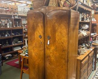 1930s Art Deco Burl Walnut Wardrobe - built in storage on right and hanging bar on left