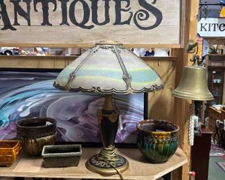 GORGEOUS Antique art-nouveau 6-panel reverse-painted slag-glass table lamp 