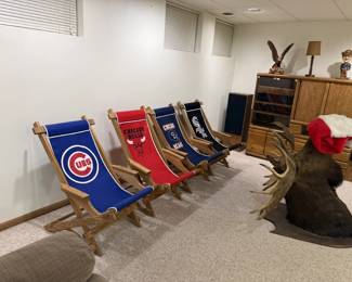 Sling Back Sports Team Chairs, Vintage Mounted Moose Head