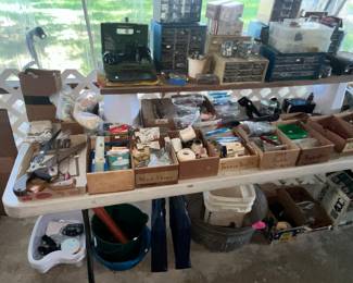 ANOTHER TABLE FULL OF TOOLS, HARDWARE, ORGANIZERS