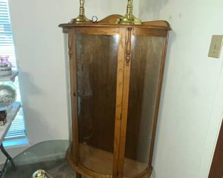 VINTAGE OAK CURVED GLASS DISPLAY CABINET w/ GLASS SHELVES