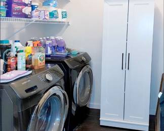Washer and Dryer, Laundry and Cleaning Supplies, White Storage Cabinet