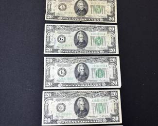 Lot Of 6 Light Green Seal 1934 $20 Federal Reserve Notes