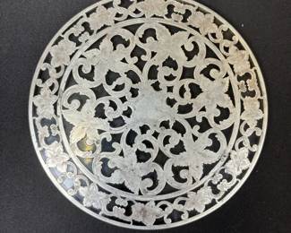Sterling Silver Webster Company Floral Overlay Glass Trivet