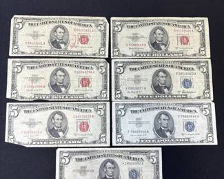 02 1953 $5 Red Seals, Silver Certificates, And Star Note