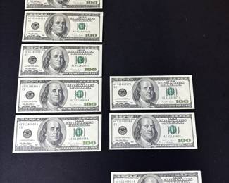 Lot Of 8 Mostly Consecutive Uncirculated 1996 $100 Bills