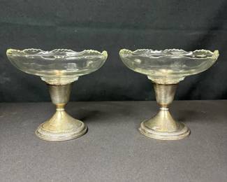 Set Of 2 Sterling Silver Weighted Glass Compote
