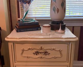 French Provincial Night Stand, Mid Century Lamp