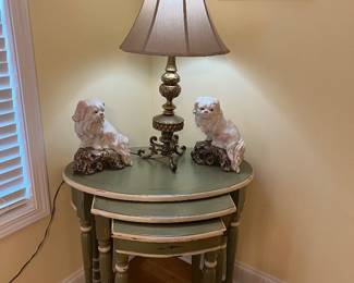 Brass Lamp, Ceramic Dogs and Stacking Table Set