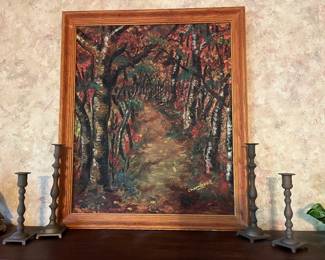 Chambers Oil on Canvas, Brass Candlesticks 