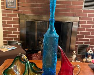 Mid Century Glass  Murano(?) Art Glass Basket, Empoli Blue Decanter, Kanawh Amberina Pitcher 