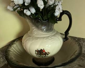 Fox Hunting Ceramic Bowl and Pitcher
