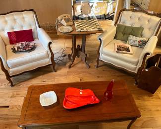 French Provincial Chairs and Coffee Table, Ceramic Ashtray, Milk Glass and Red Art Glass Pitcher 