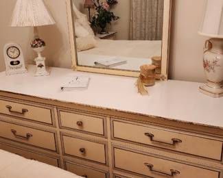 Dixie French provincial dresser, mirror, bed, and nightstand. Very good condition