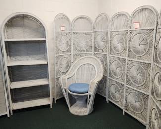 Sunburst wicker divider screens 3. Panel $300 each or 2 for $500; wicker shelves $175 or 2 for $300