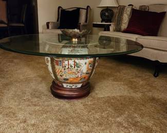 Chinese famille rose medallion porcelain fishbowl with glass top and wood base $900