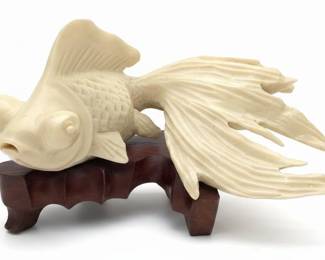 Carved Bone Goldfish Figurine on Wooden Stand