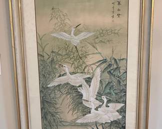 Asian Style Egrets and Bamboo Painting