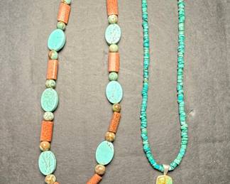 Turquoise and Red Jasper Beaded Necklace Set with Sterling Silver Pendant