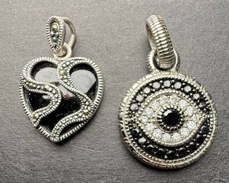 Judith Ripka Sterling Silver Black Onyx & Marcasite Heart and Evil Eye Pendants
