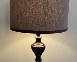 Dark Wood Urn Table Lamp with Tweed Shade