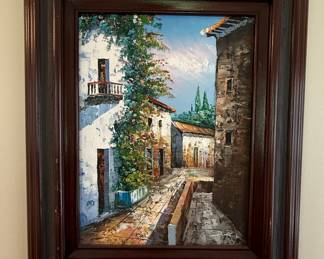 Mediterranean Village Street Scene Oil Painting in Style of Buck