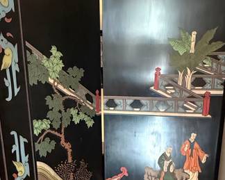 Black Lacquer Coromandel Four-Panel Screen with Gilt and Carved Motifs
