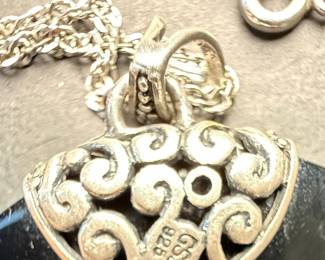GSB Sterling Silver Onyx and Marcasite Pendant Necklace
