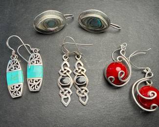 Assorted Sterling Silver Mexican Earrings with Turquoise, Abalone, and Red Stone