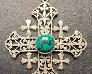 Sterling Silver Jerusalem Cross Pendant with Turquoise