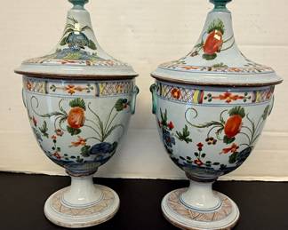 Pair of Italian Majolica Style Covered Vases