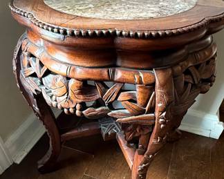 Chinese Carved Rosewood and Marble Top Plant Stand