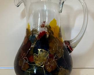 Hand-Painted Glass Pitcher with Abstract Design and Gold Accents