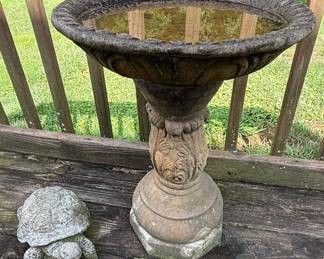 Stone Garden Bird Bath with Turtle Figurine