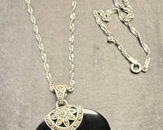 GSB Sterling Silver Onyx and Marcasite Pendant Necklace