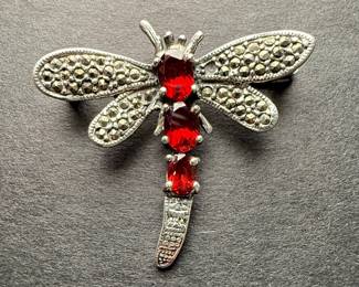 Sterling Silver "My S Collection" Marcasite and Garnet Dragonfly Brooch