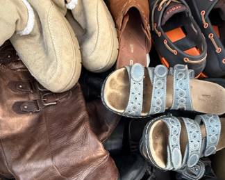 Assorted Women's Footwear Lot including Boots, Slippers, Sandals, and Crocs