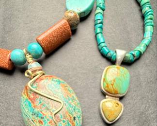 Turquoise and Red Jasper Beaded Necklace Set with Sterling Silver Pendant