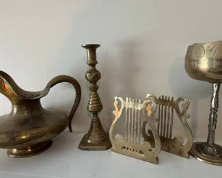 Brass Decorative Set with Hammered Pitcher, Baluster Candlestick, and Lyre Bookends